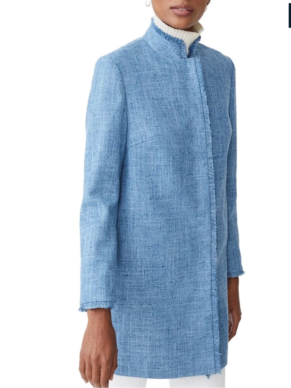 J. McLaughlin Walden Coat Blue Textured Fringe Trim Medium